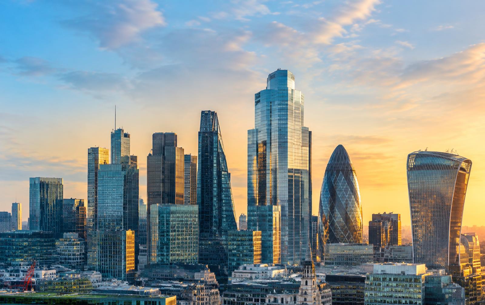 London financial district skyline at golden hour